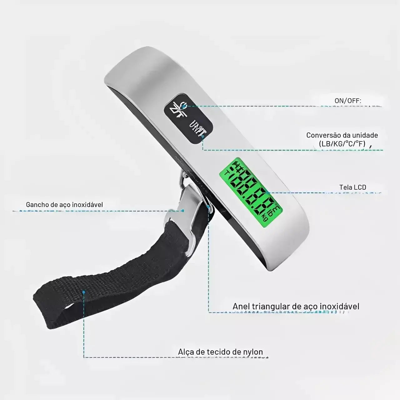 Balança Digital de Mão 50kg para Bagagem com Gancho TOP Viagem