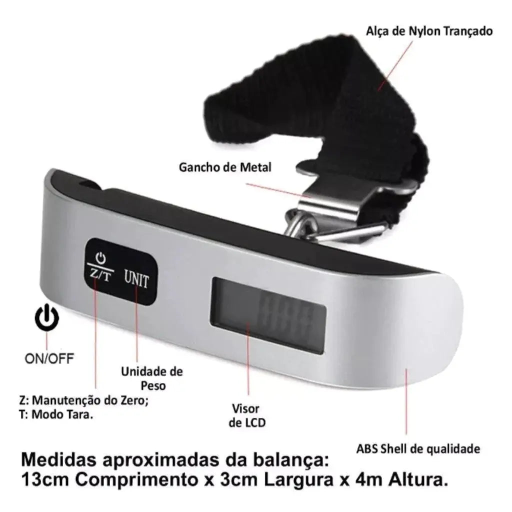 Balança Digital de Mão 50kg para Bagagem com Gancho TOP Viagem