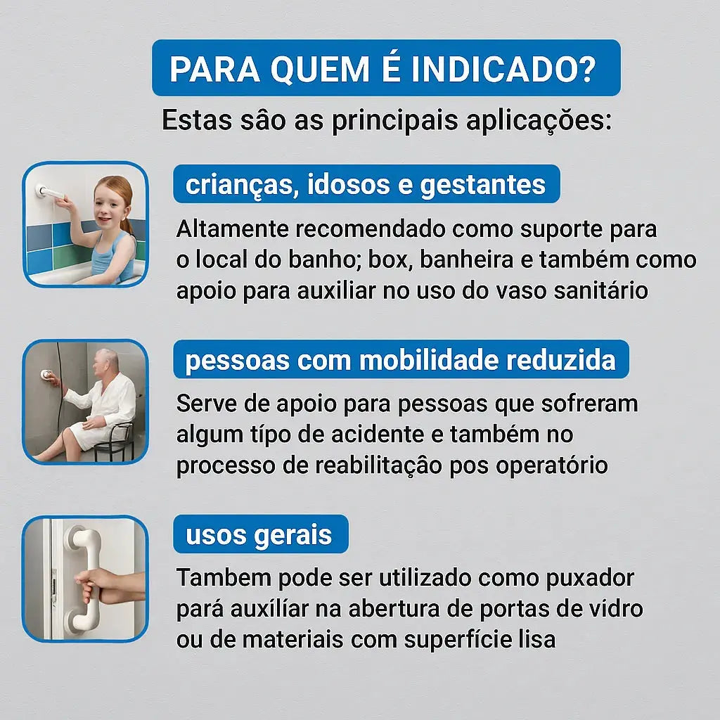 Barra de Apoio para Banheiro com Borrachas de Fixação Antiderrapantes | Suporta até 150k - SafeGrip AgoraFacilita