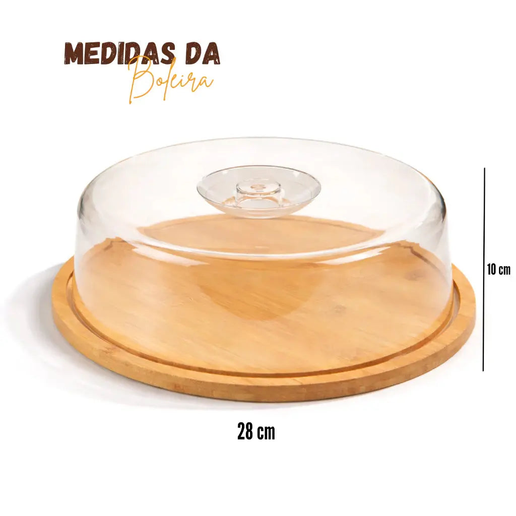 Boleira Bambu Com Tampa Em Acrílico Porta Bolo Para Bolo Torta Pudim Queijo 28cm AgoraFacilita