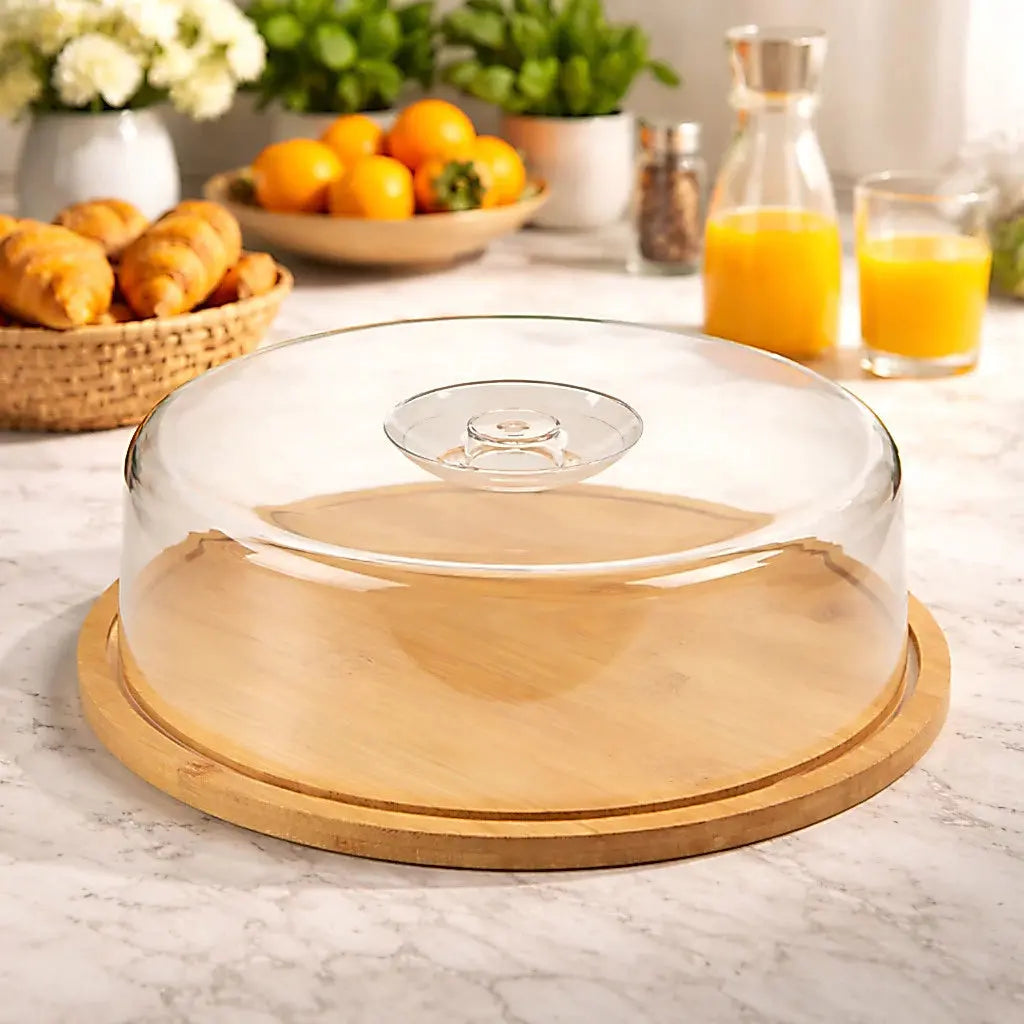 Boleira Bambu Com Tampa Em Acrílico Porta Bolo Para Bolo Torta Pudim Queijo 28cm AgoraFacilita