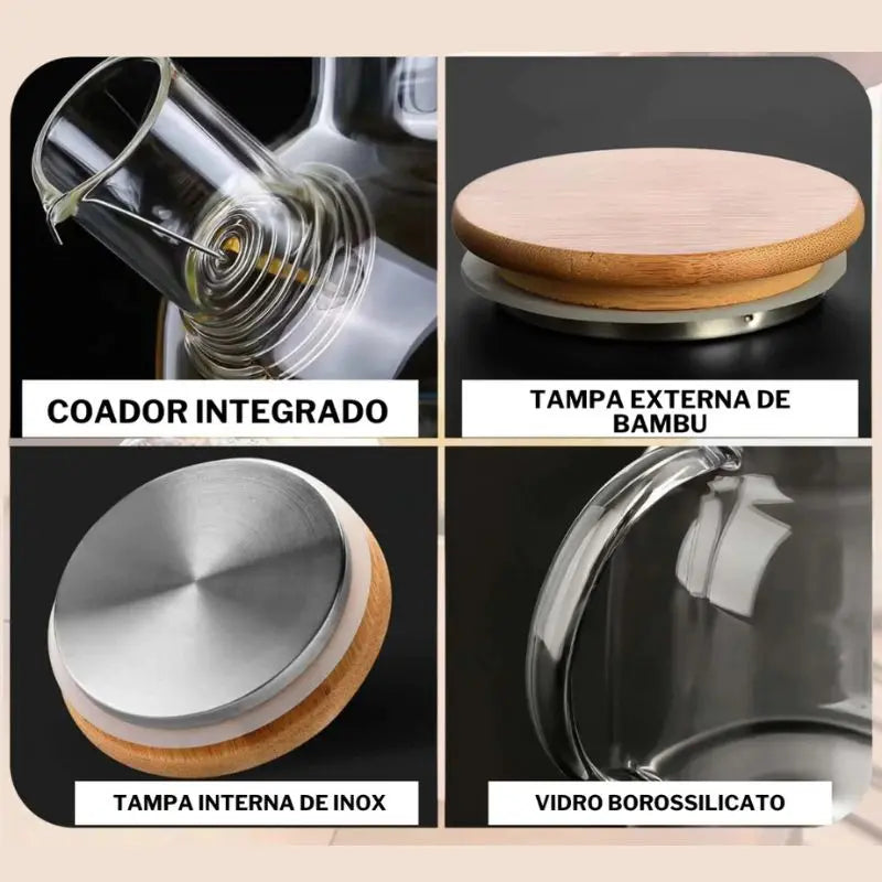 Chaleira de Vidro com Coador e Tampa de Bambu Premium My Store