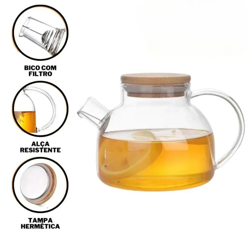 Chaleira de Vidro com Coador e Tampa de Bambu Premium My Store