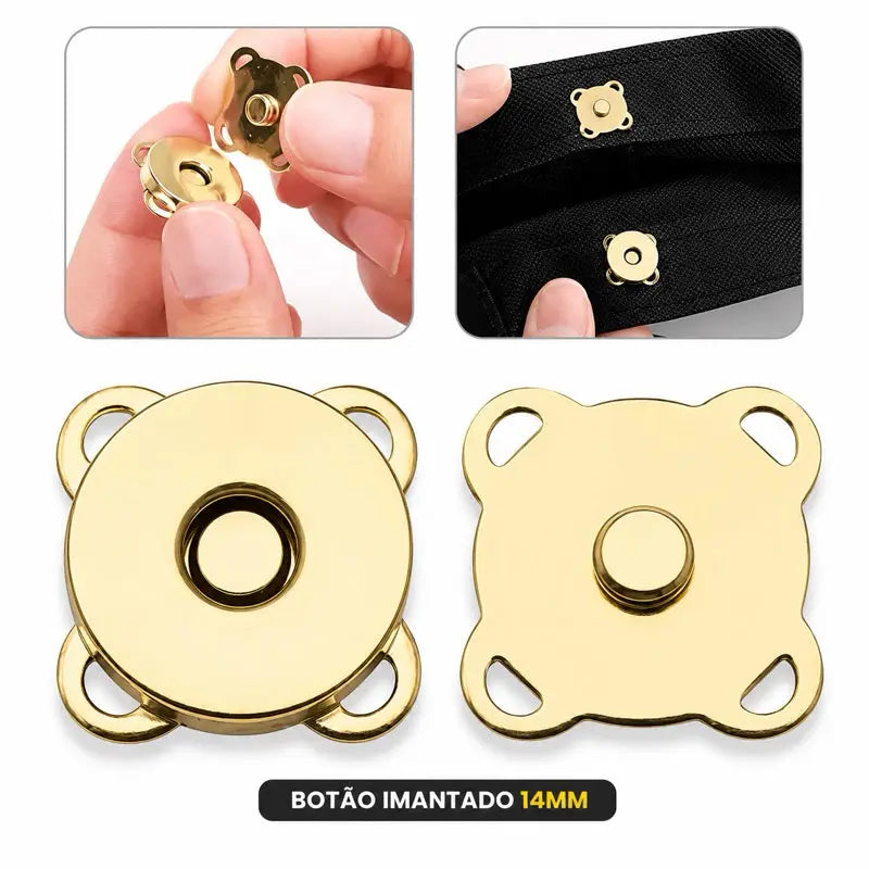Kit 10 Botao imantado magnetico de costura 14mm Dourado e prata para bolsas carteiras casacos e outros AgoraFacilita