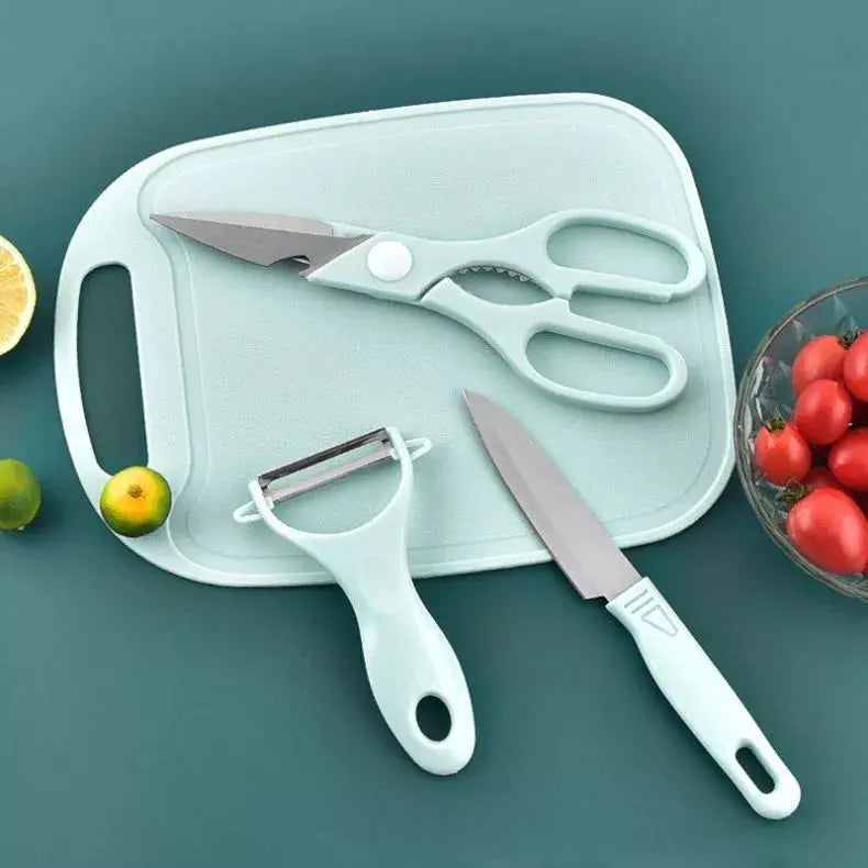 Kit 4 Peças Para Cozinha - Faca Tesoura Descascador Tábua Culinária Inox AgoraFacilita