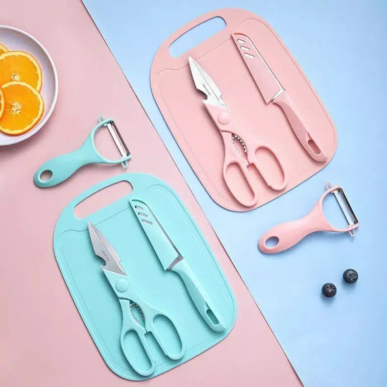 Kit 4 Peças Para Cozinha - Faca Tesoura Descascador Tábua Culinária Inox AgoraFacilita