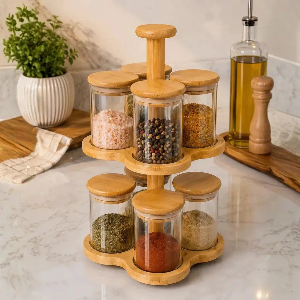 Kit 8 Porta Condimentos 200ml Vidro Suporte Giratório Bambu AgoraFacilita