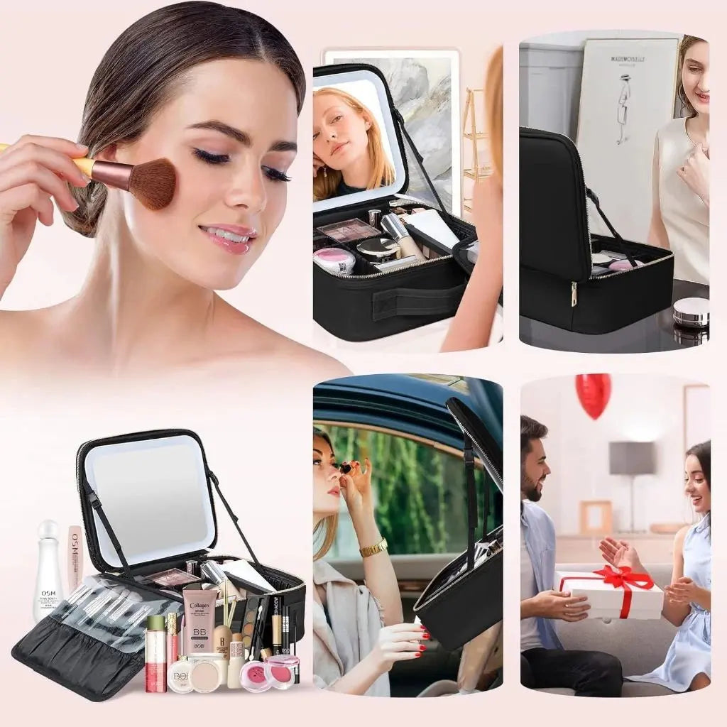 Kit Maleta Maquiagem completo Profissional Com Espelho e Luz Led e paleta de maquiagem YB AgoraFacilita