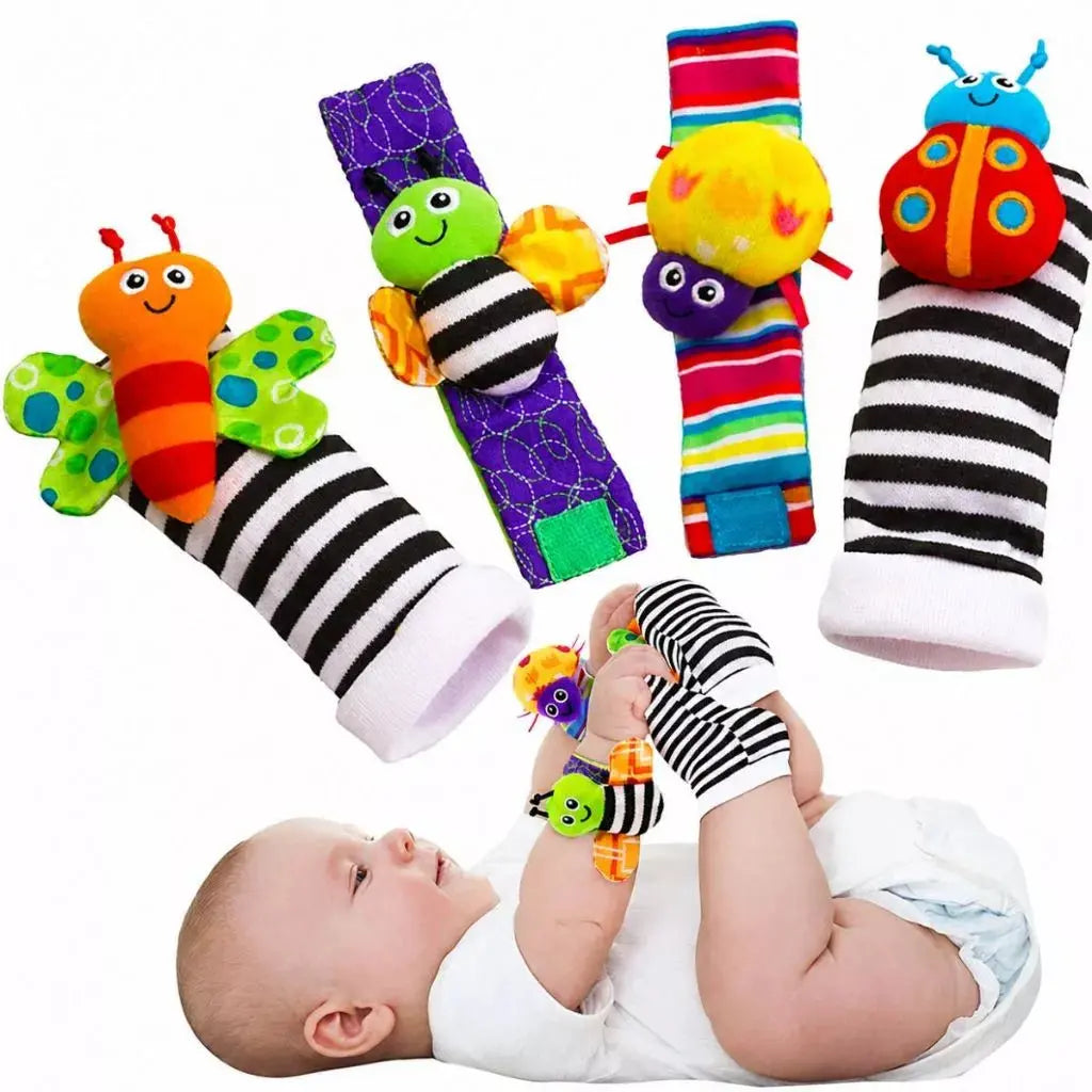 Kit Meias e Pulseiras Sensorial Bebê 4 Peças Chocalho Educativo Estimulação Motora Visual Auditiva Montessori Infantil AgoraFacilita