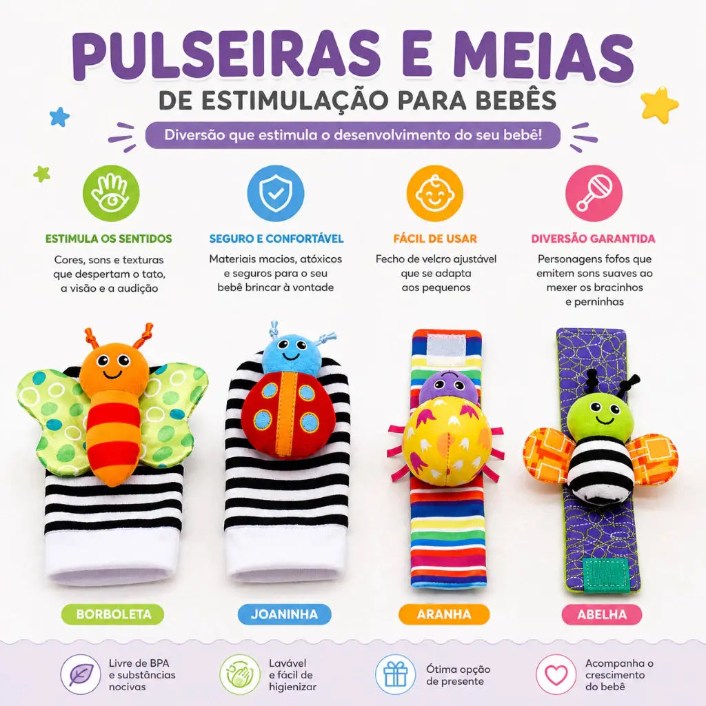 Kit Meias e Pulseiras Sensorial Bebê 4 Peças Chocalho Educativo Estimulação Motora Visual Auditiva Montessori Infantil AgoraFacilita