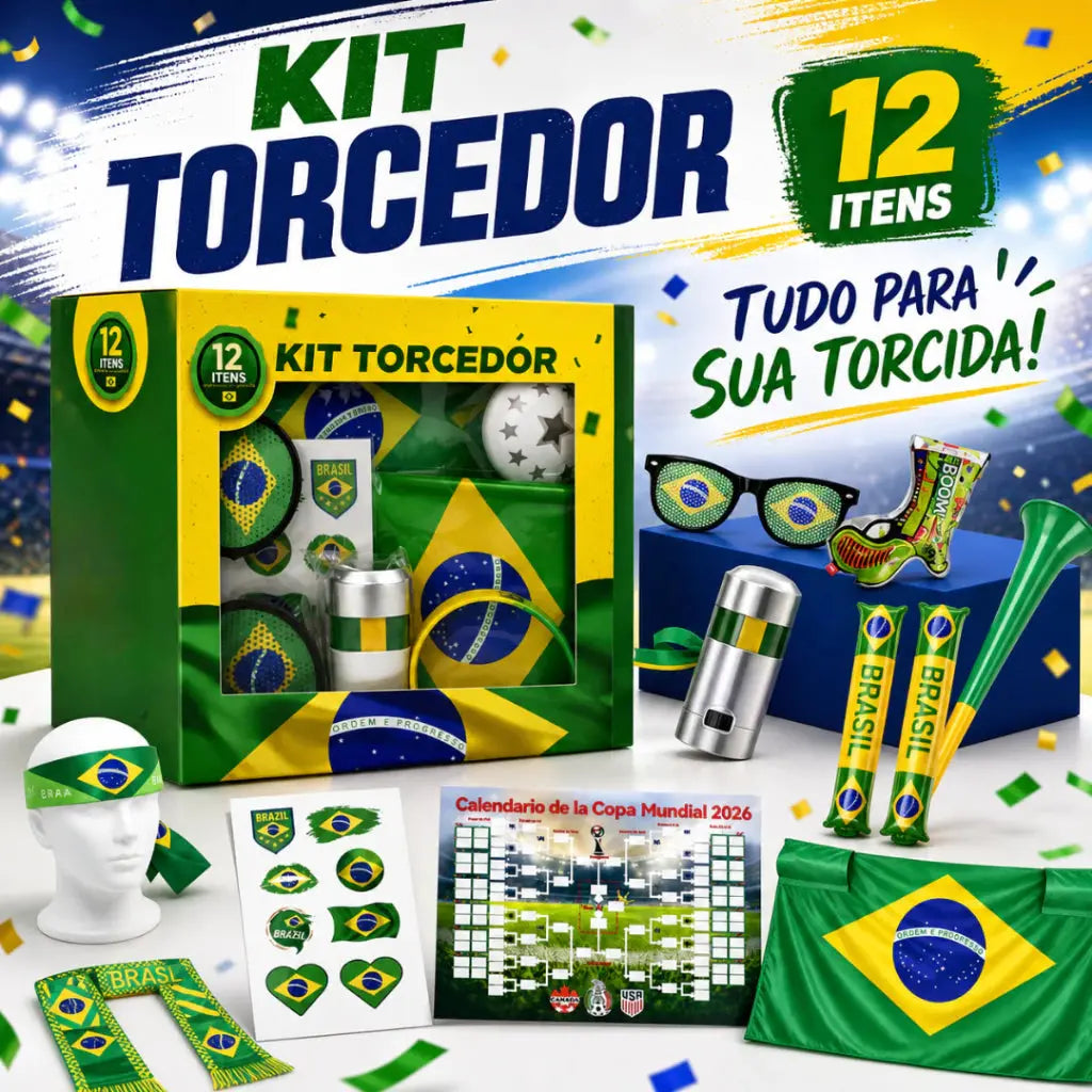 Kit Torcedor Copa do Mundo 2026 Brasil Futebol Bandeira Faixa Confete Corneta Oculos AgoraFacilita