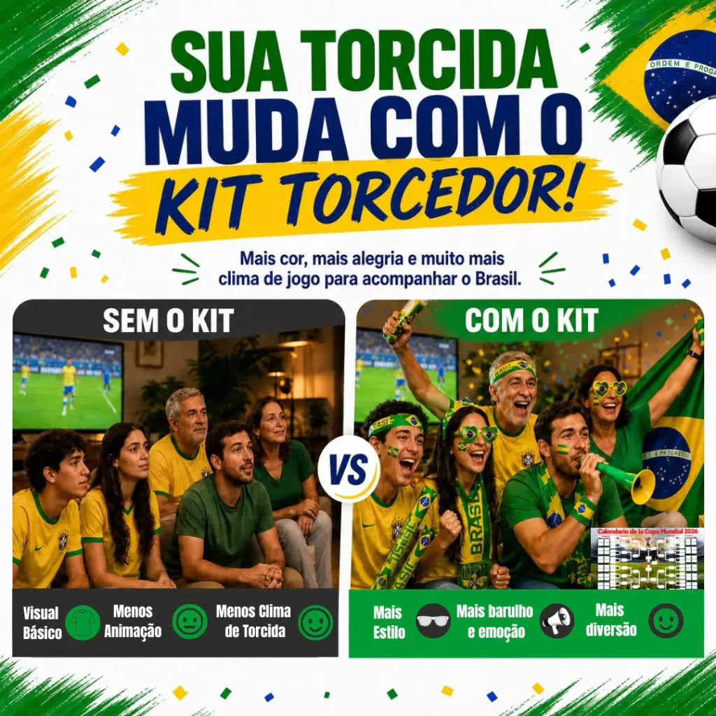 Kit Torcedor Copa do Mundo 2026 Brasil Futebol Bandeira Faixa Confete Corneta Oculos AgoraFacilita