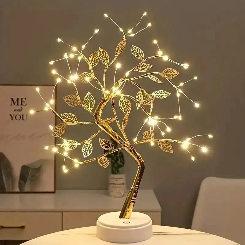 Luminaria Arvore LED Folhas Dourada para Casa Decoração do Quarto Iluminação de Mesa de Cabeceira AgoraFacilita