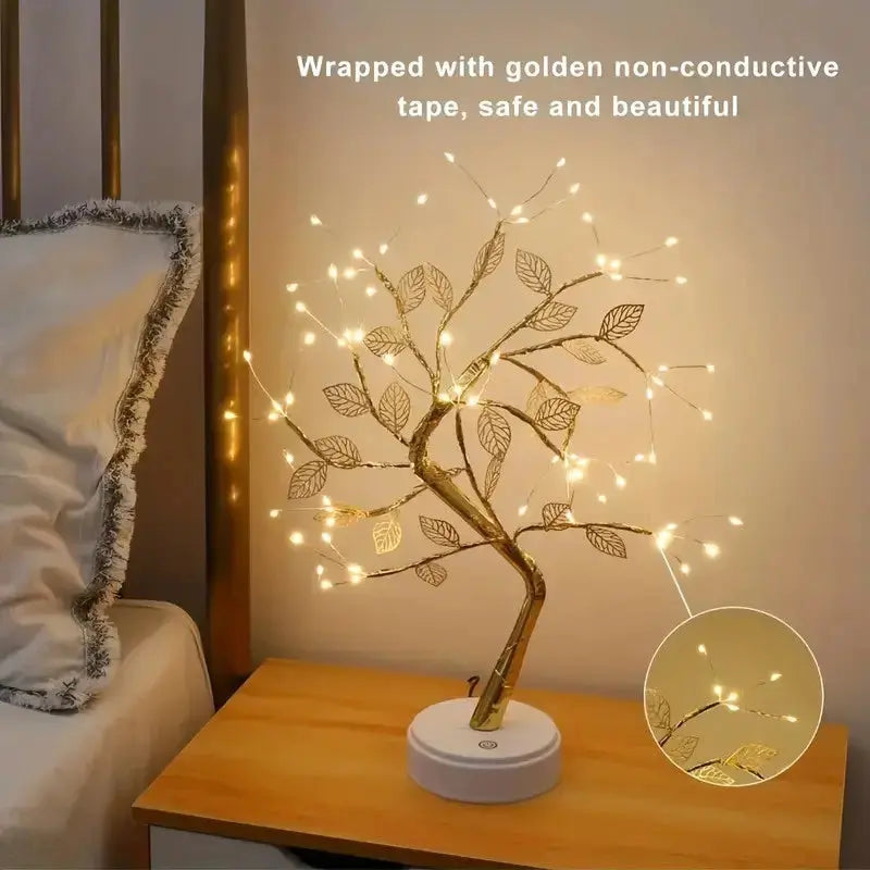 Luminaria Arvore LED Folhas Dourada para Casa Decoração do Quarto Iluminação de Mesa de Cabeceira AgoraFacilita