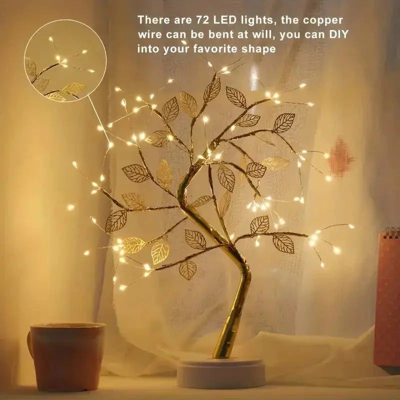 Luminaria Arvore LED Folhas Dourada para Casa Decoração do Quarto Iluminação de Mesa de Cabeceira AgoraFacilita