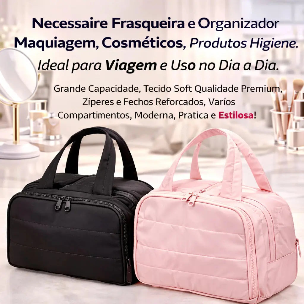 Necessaire Frasqueira Viagem Tecido Grande Capacidade Compartimentos Maquiagem Cosméticos AgoraFacilita