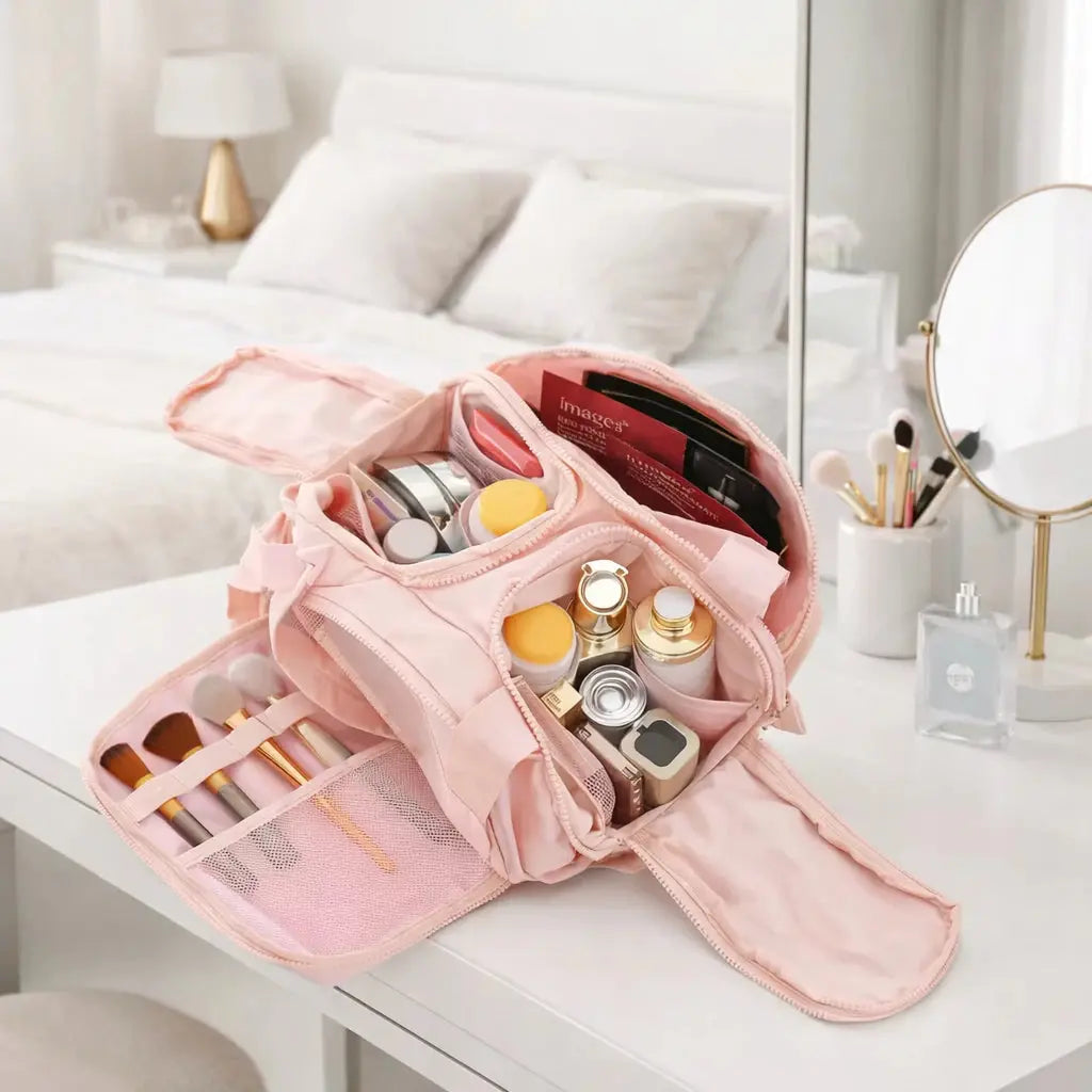 Necessaire Frasqueira Viagem Tecido Grande Capacidade Compartimentos Maquiagem Cosméticos AgoraFacilita