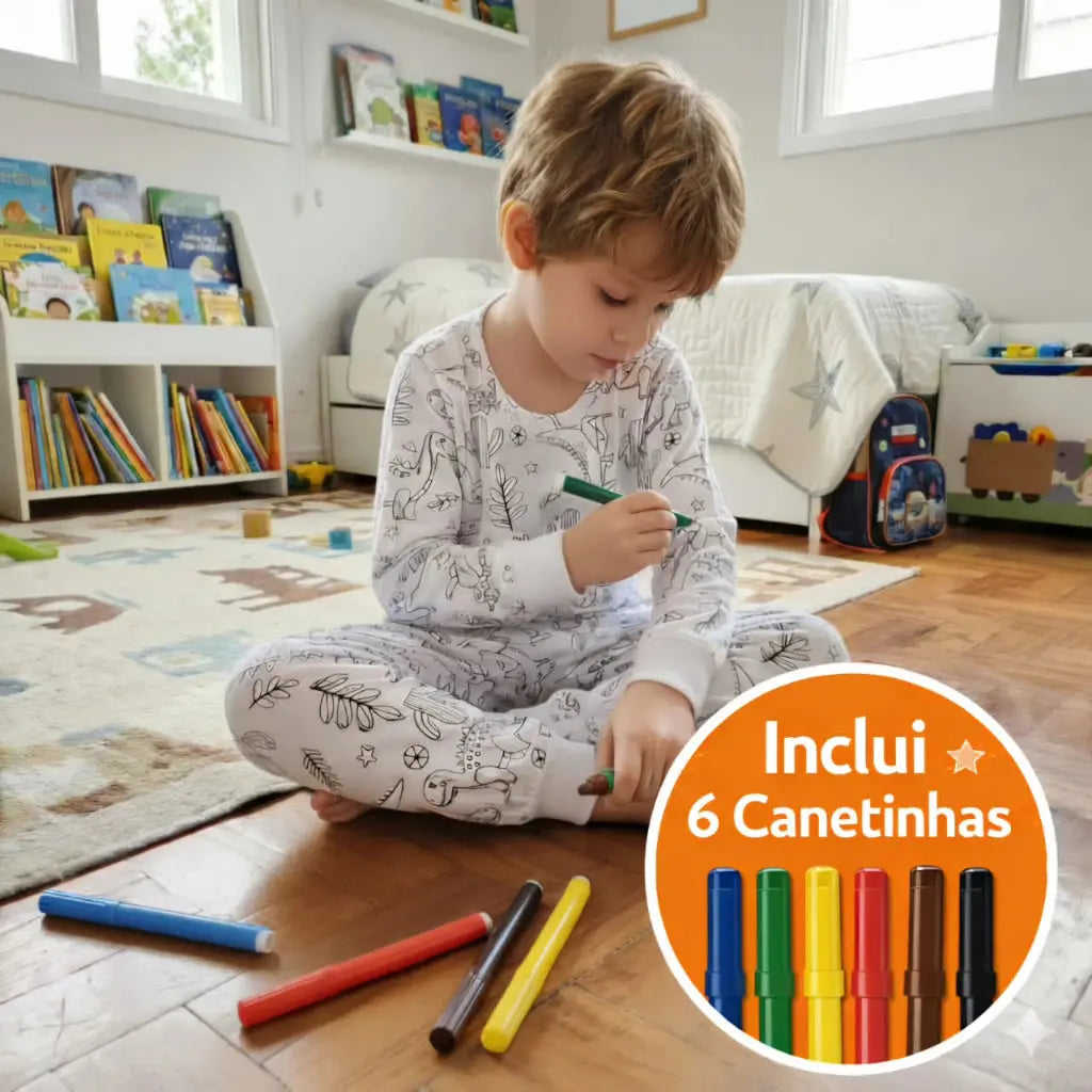 Pijama Infantil Manga Longa para Colorir Pintar 100% Algodão AgoraFacilita