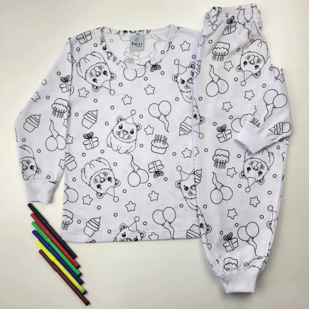Pijama Infantil Manga Longa para Colorir Pintar 100% Algodão AgoraFacilita