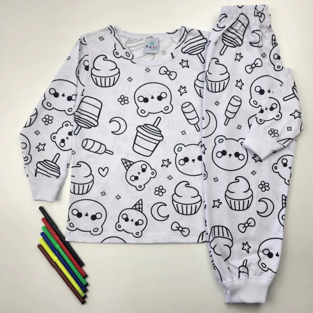 Pijama Infantil Manga Longa para Colorir Pintar 100% Algodão AgoraFacilita