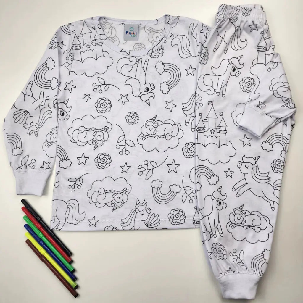 Pijama Infantil Manga Longa para Colorir Pintar 100% Algodão AgoraFacilita
