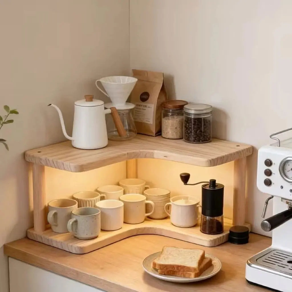 Prateleira de Canto 2 Andares em Madeira Organizador para Cozinha Cantinho do Café Bancada Multiuso Decorativa AgoraFacilita