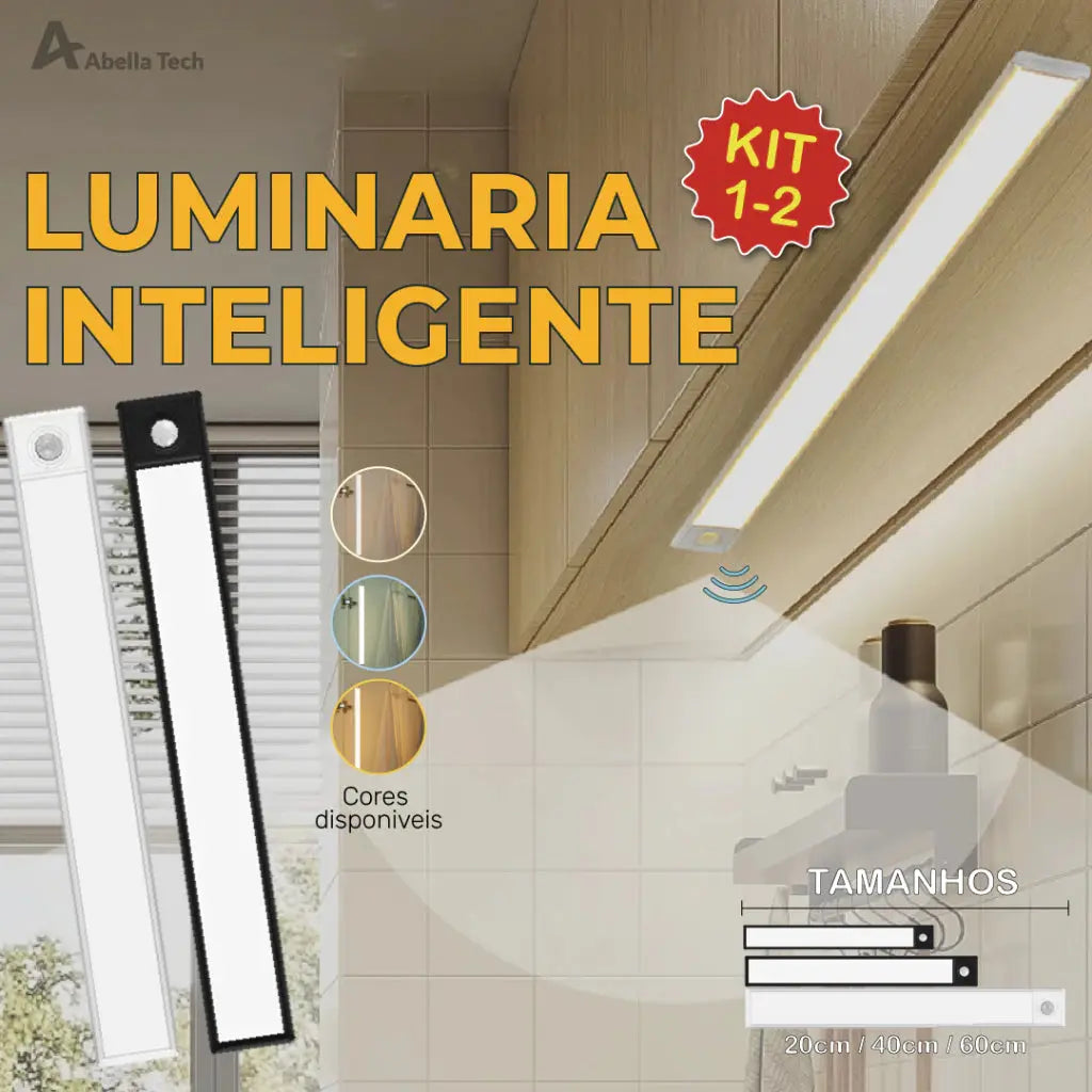 Smart Luminária Inteligente Ultra LED com sensor de movimento sem fio e Recarregável USB fino barra 20/40/60cm AgoraFacilita