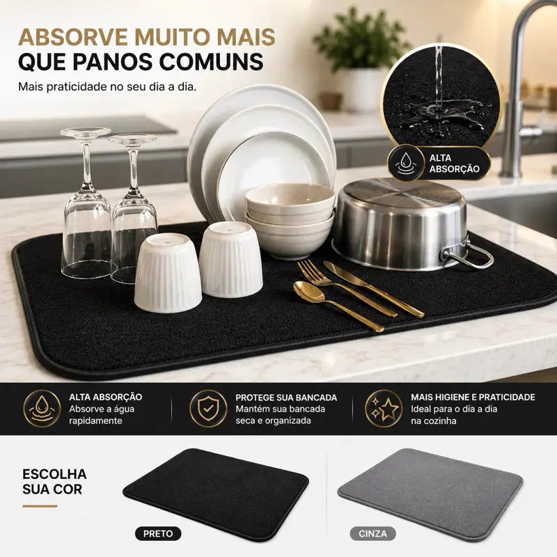 Tapete Escorredor de Louça Alta Absorção Poliéster Secagem Rápida Preto Cinza Cozinha AgoraFacilita