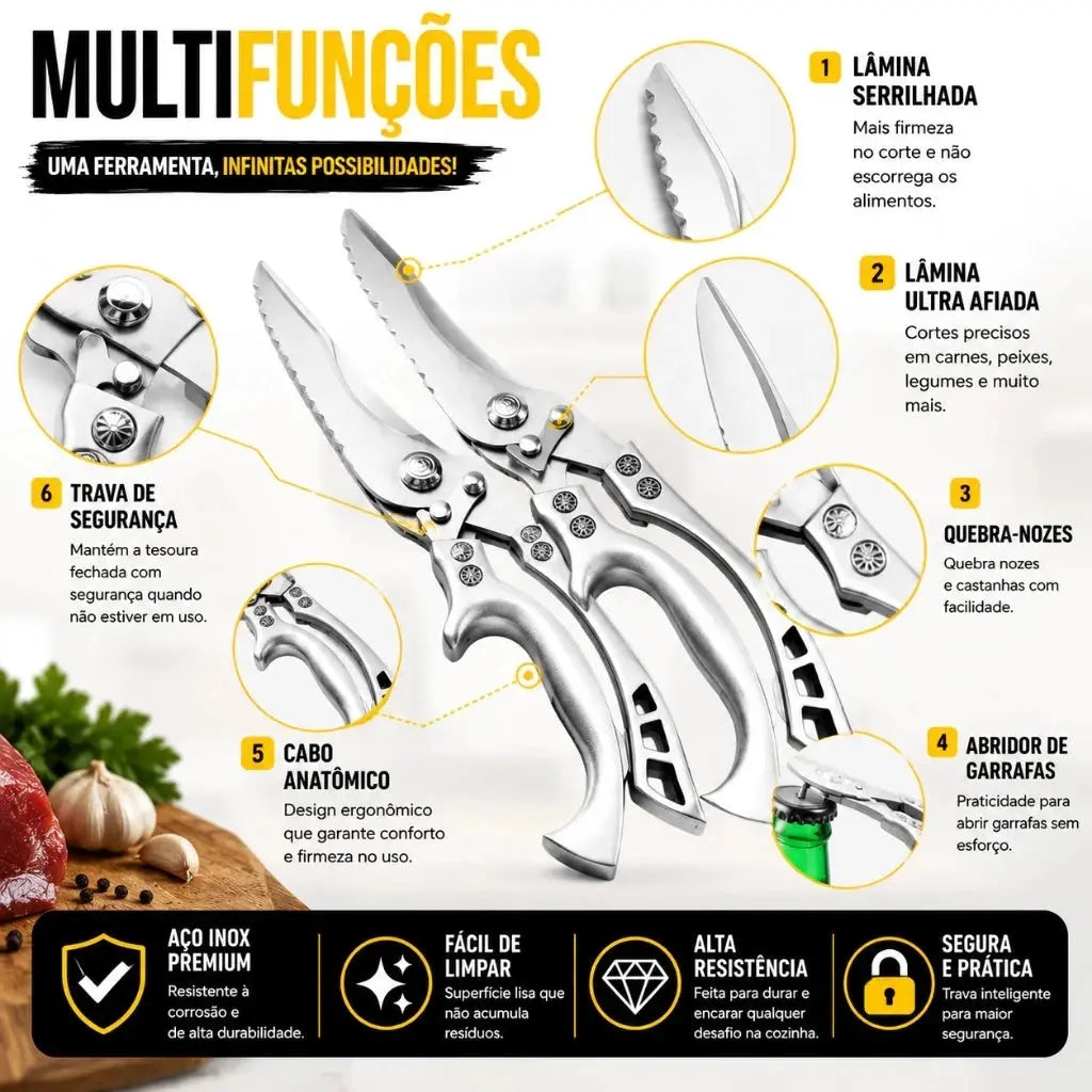 Tesoura Multiuso De Cozinha Cortar Frango Peixe Multifuncional Inox AgoraFacilita