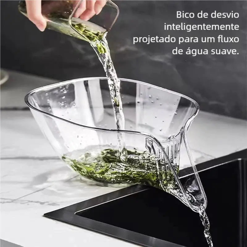 Tigela Filtrante Transparente - Separação Seco/Úmido, Portátil para Limpeza de Frutas AgoraFacilita