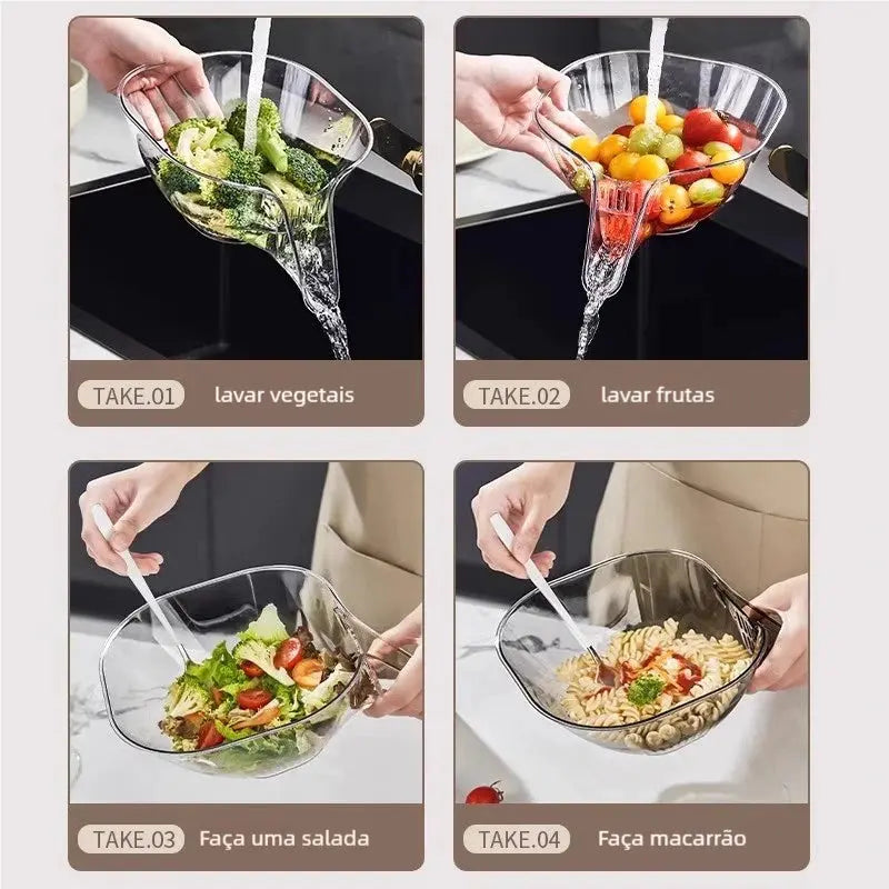Tigela Filtrante Transparente - Separação Seco/Úmido, Portátil para Limpeza de Frutas AgoraFacilita