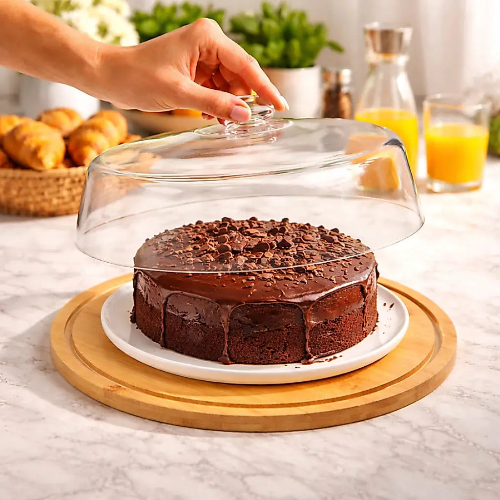 Boleira Bambu Com Tampa Em Acrílico Porta Bolo Para Bolo Torta Pudim Queijo 28cm AgoraFacilita