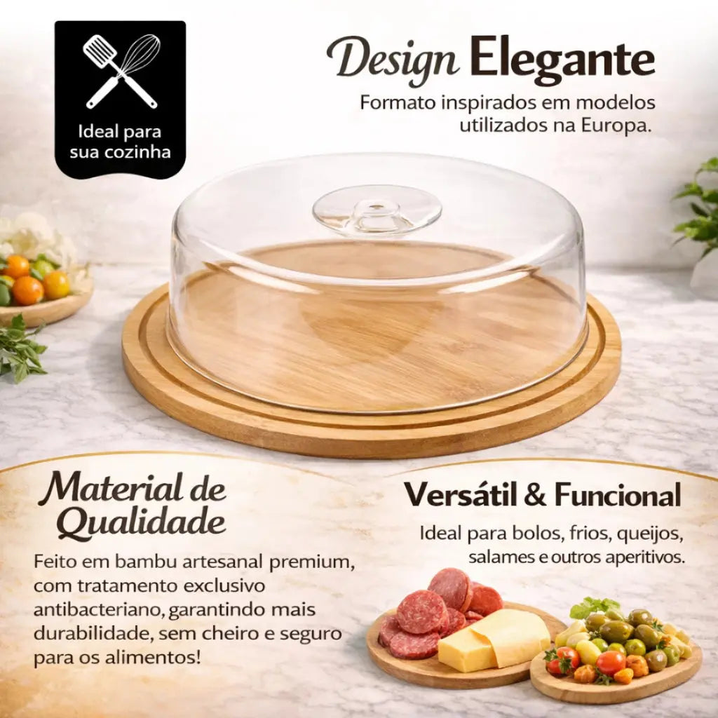 Boleira Bambu Com Tampa Em Acrílico Porta Bolo Para Bolo Torta Pudim Queijo 28cm AgoraFacilita