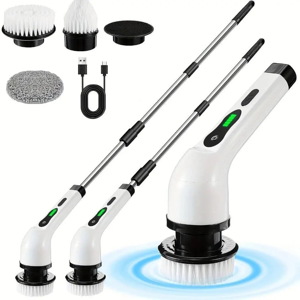 Escova elétrica de limpeza recarregável sem fio com três cabeças e cabo extensor