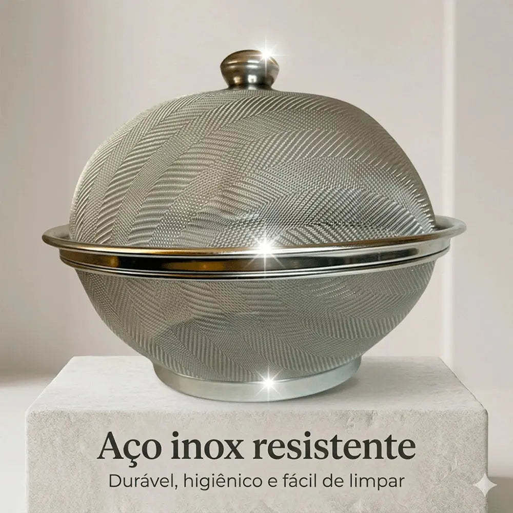 Fruteira de Mesa Inox com Tampa Telada Protetora de Alimentos Cesta Aramada Redonda AgoraFacilita