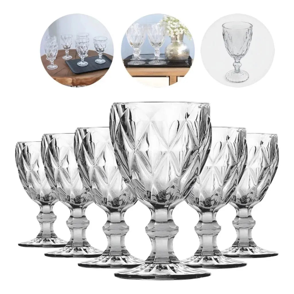 Jogo 6 Taças de Vidro Diamante Abacaxi Bico de Jaca 330ml – Copo Transparente Gourmet Produtgy