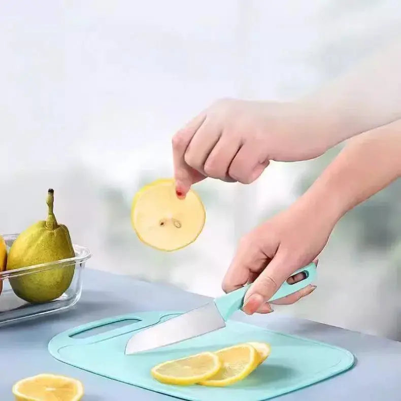 Kit 4 peças para cozinha rosa com faca inox tesoura descascador e tábua de silicone