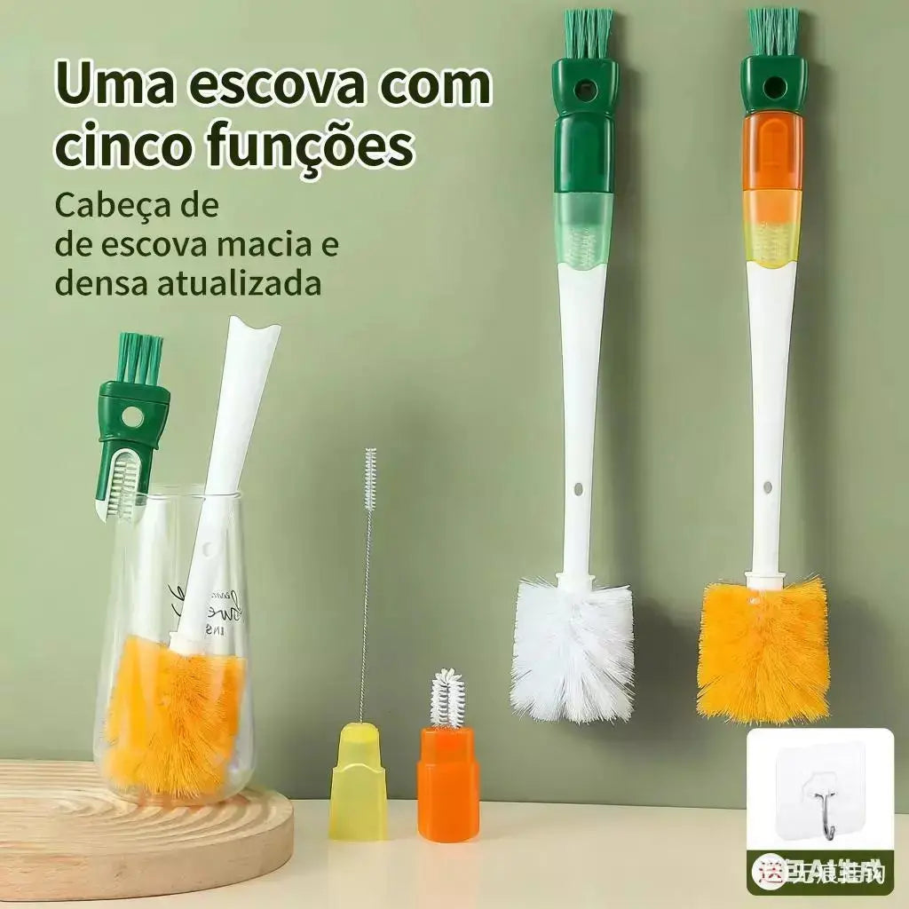 5 em 1 Escova Multifuncional para Garrafas - Kit de 5 Unidades | Com Escova de Bico e Detalhes para AgoraFacilita