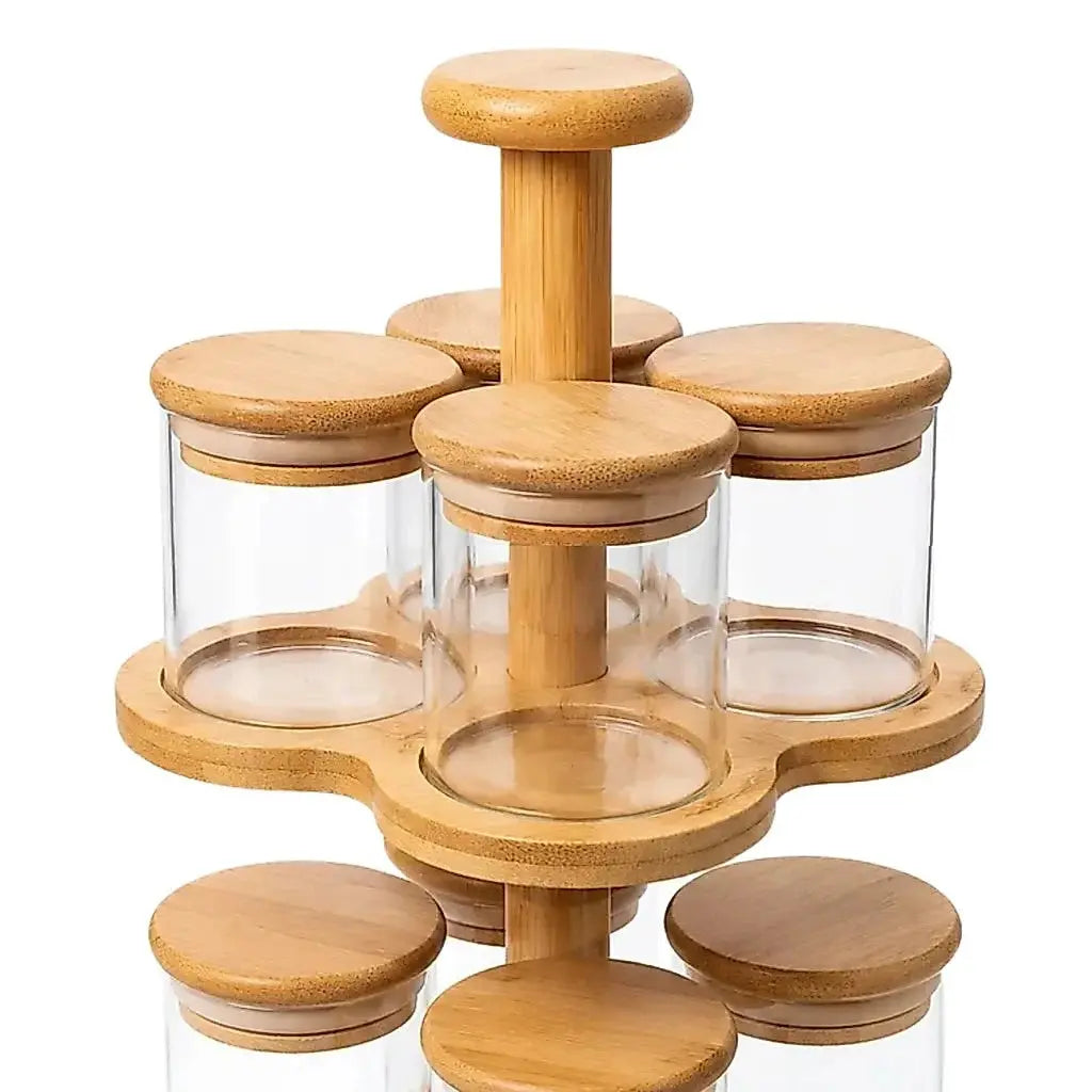 Kit 8 Porta Condimentos 200ml Vidro Suporte Giratório Bambu AgoraFacilita