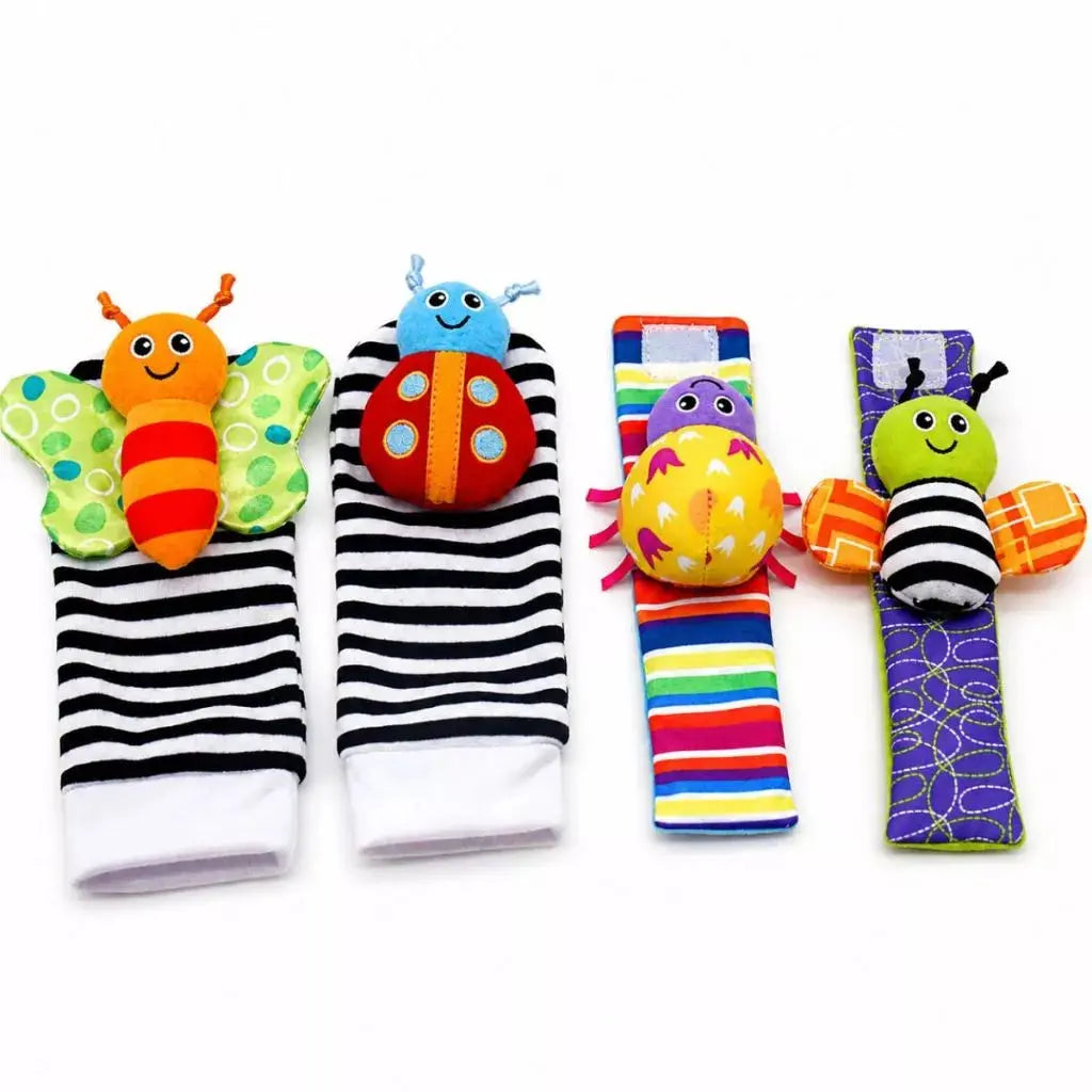 Kit Meias e Pulseiras Sensorial Bebê 4 Peças Chocalho Educativo Estimulação Motora Visual Auditiva Montessori Infantil AgoraFacilita