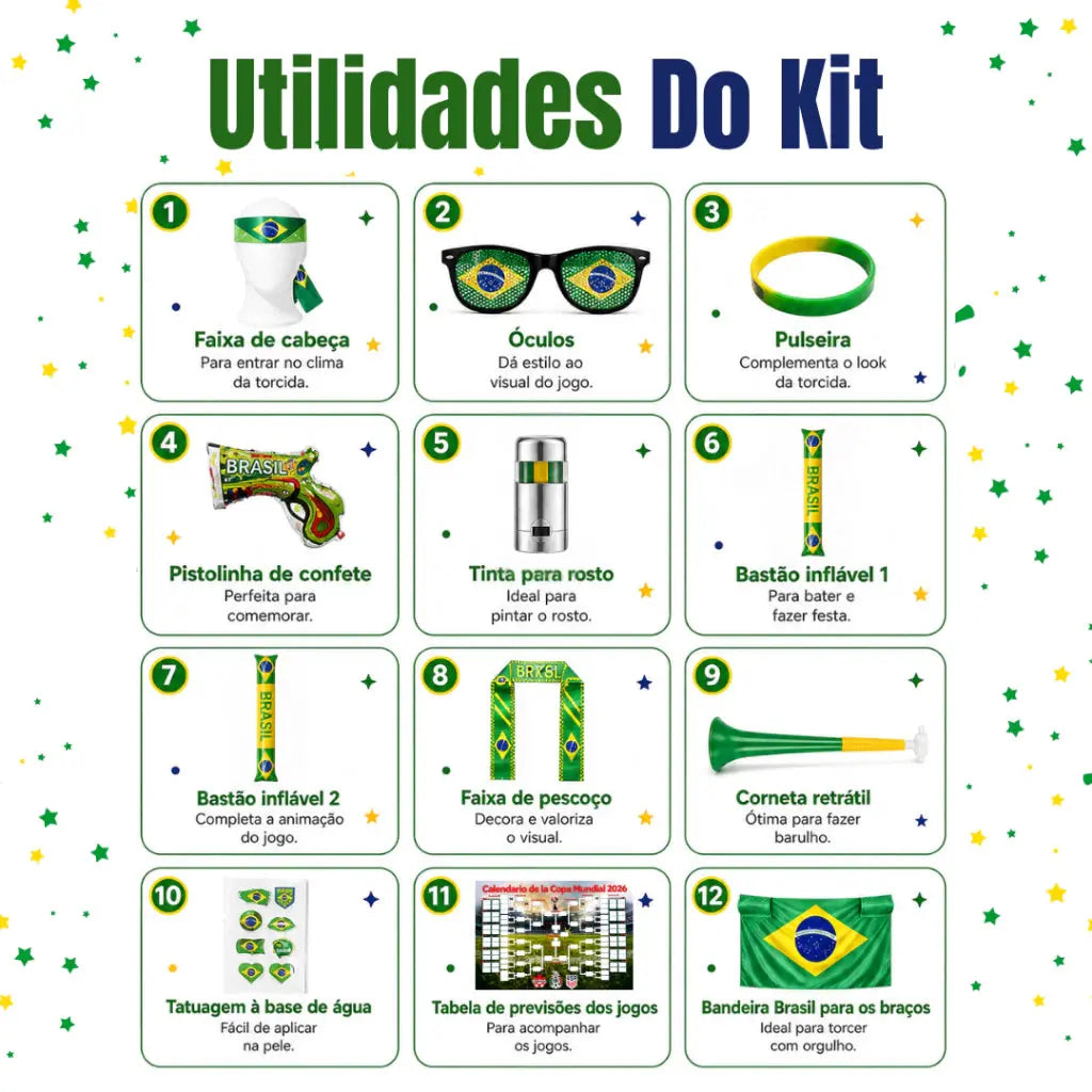 Kit Torcedor Copa do Mundo 2026 Brasil Futebol Bandeira Faixa Confete Corneta Oculos AgoraFacilita
