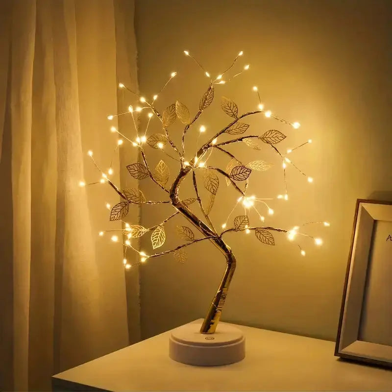 Luminaria Arvore LED Folhas Dourada para Casa Decoração do Quarto Iluminação de Mesa de Cabeceira AgoraFacilita