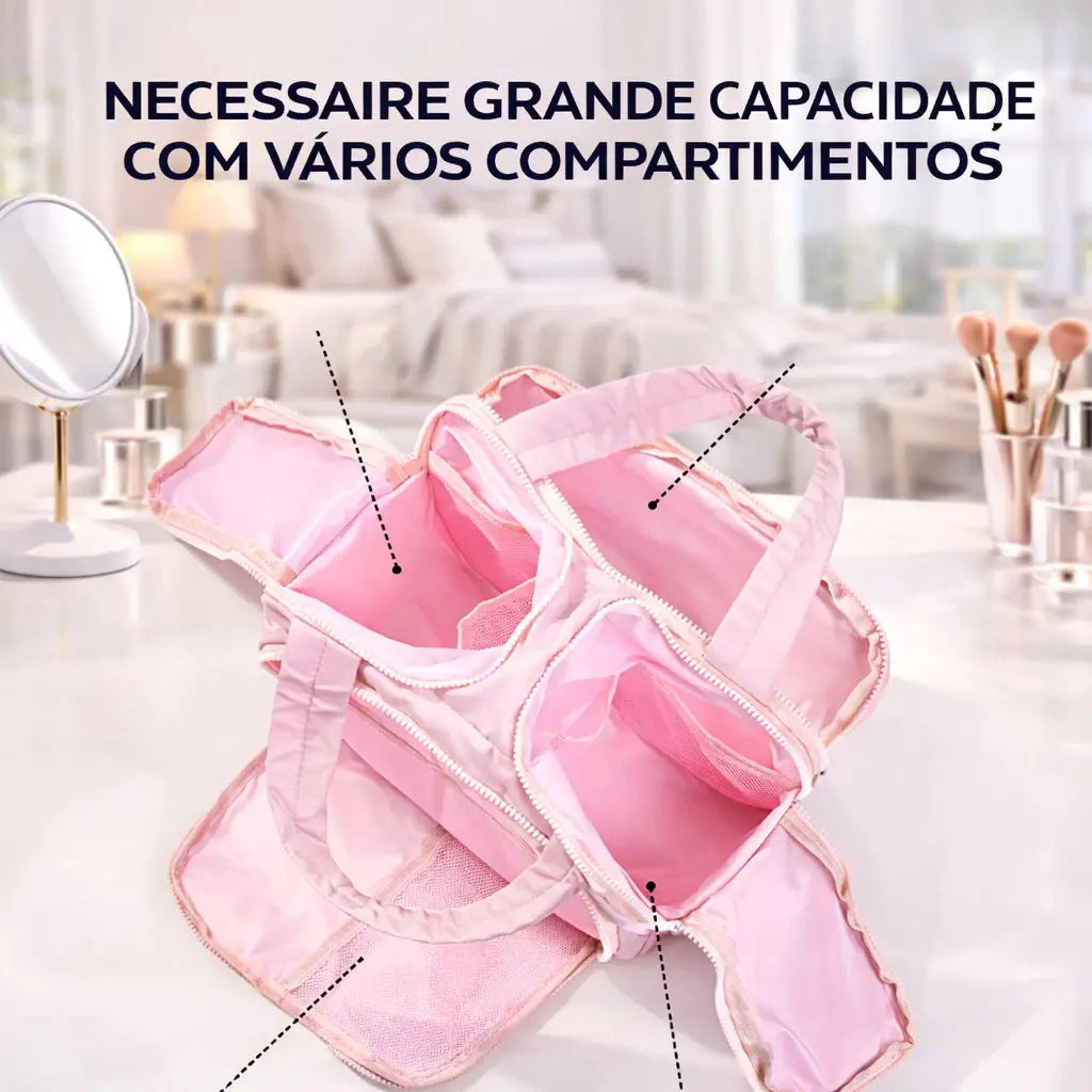 Necessaire Frasqueira Viagem Tecido Grande Capacidade Compartimentos Maquiagem Cosméticos AgoraFacilita