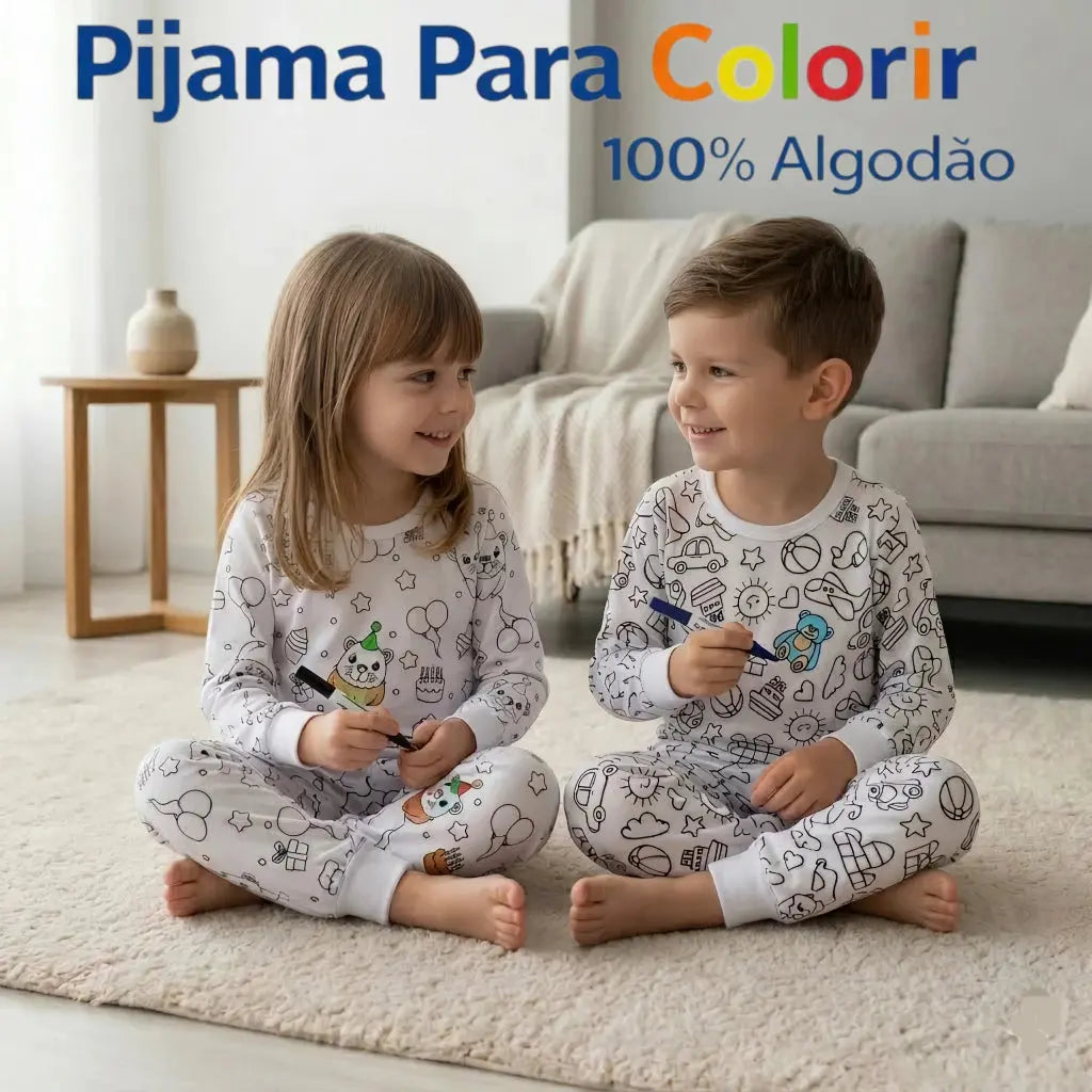 Pijama Infantil Manga Longa para Colorir Pintar 100% Algodão AgoraFacilita