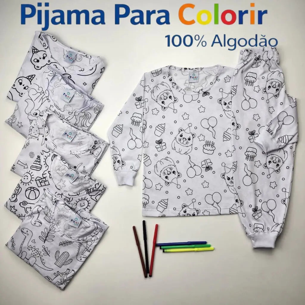 Pijama Infantil Manga Longa para Colorir Pintar 100% Algodão AgoraFacilita