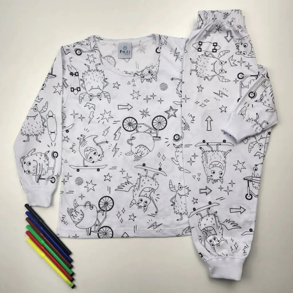 Pijama Infantil Manga Longa para Colorir Pintar 100% Algodão AgoraFacilita