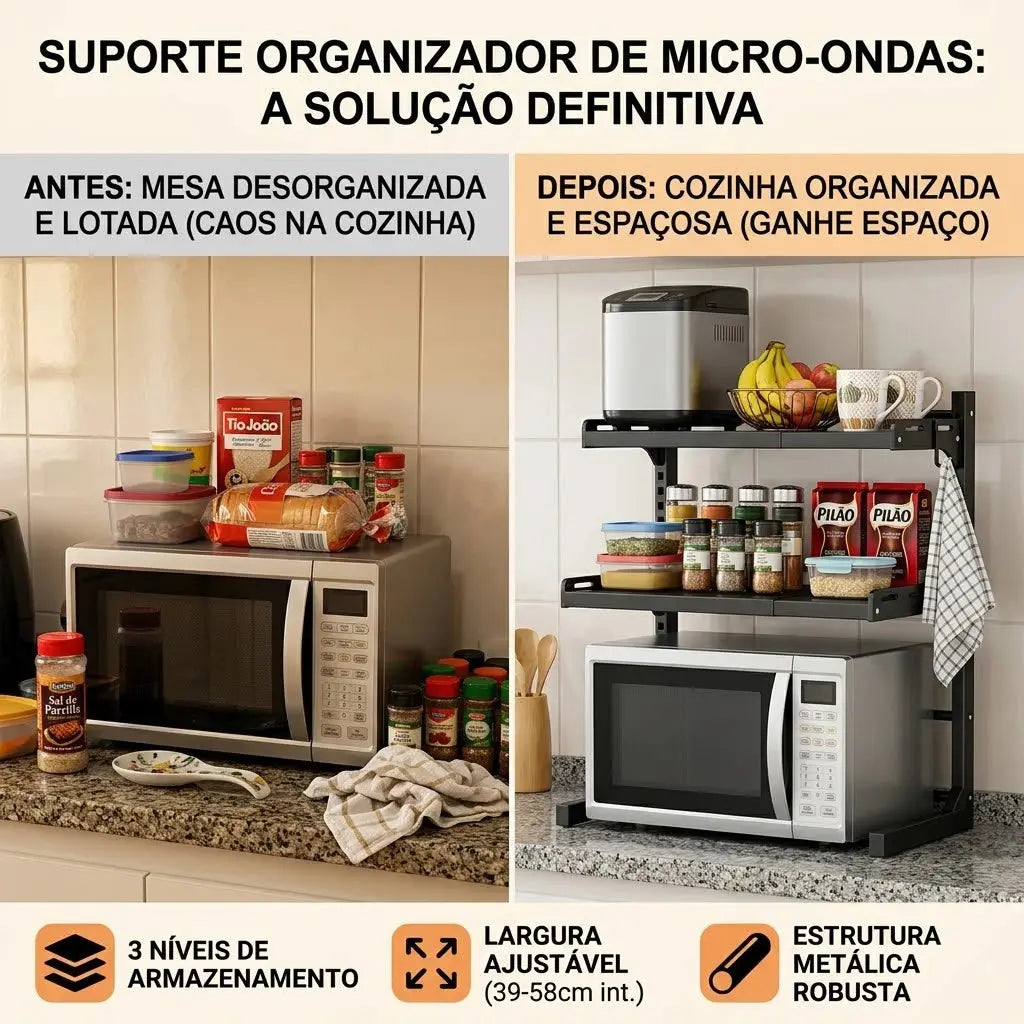 Rack Suporte Para Microondas Prateleira Organizador Ajustável de Cozinha Com 2 Camadas AgoraFacilita