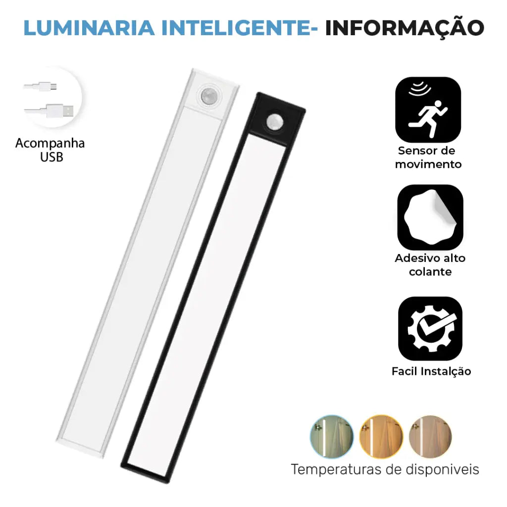 Smart Luminária Inteligente Ultra LED com sensor de movimento sem fio e Recarregável USB fino barra 20/40/60cm AgoraFacilita