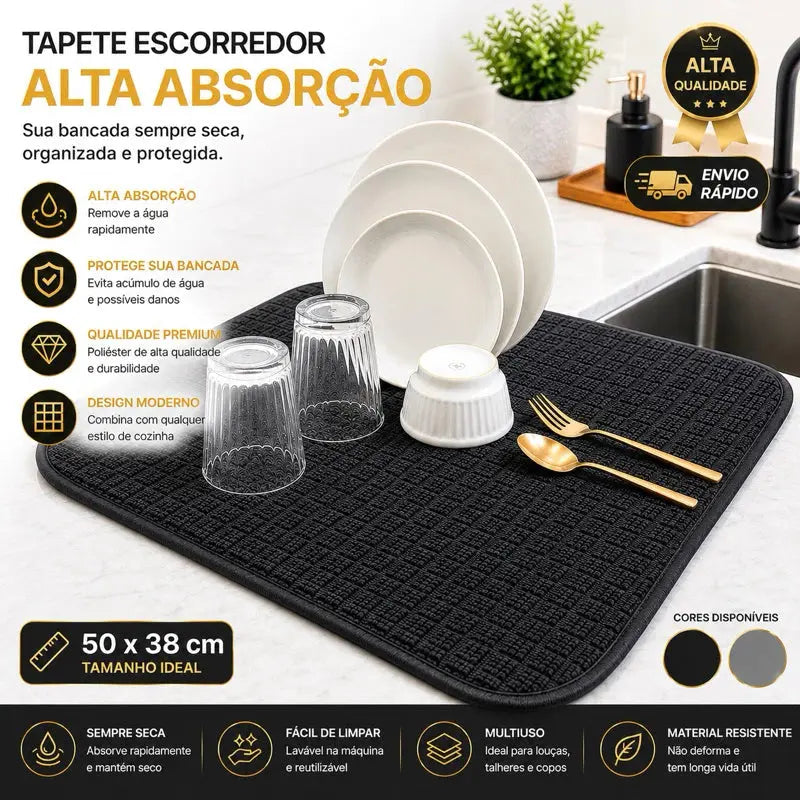 Tapete Escorredor de Louça Alta Absorção Poliéster Secagem Rápida Preto Cinza Cozinha AgoraFacilita