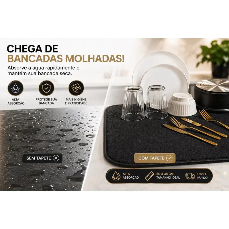 Tapete Escorredor de Louça Alta Absorção Poliéster Secagem Rápida Preto Cinza Cozinha AgoraFacilita